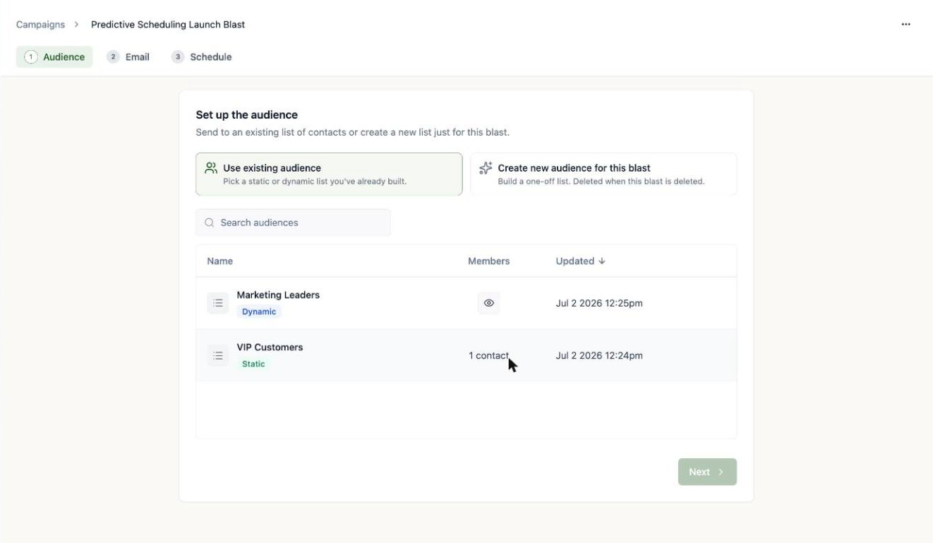 A screenshot of the audience step showing the choice between using an existing audience and creating a new one, with a list picker below.