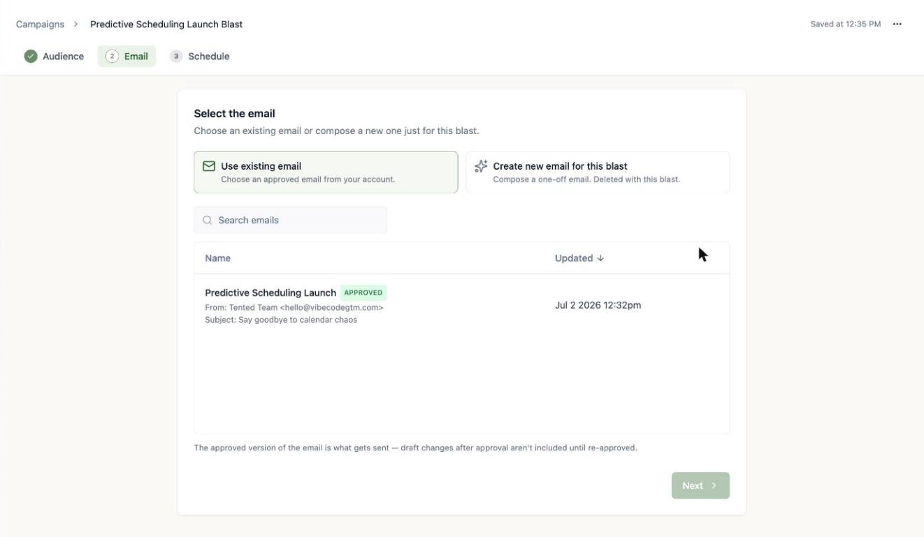 A screenshot of the email step showing the choice between using an existing approved email and creating a new one for this blast.