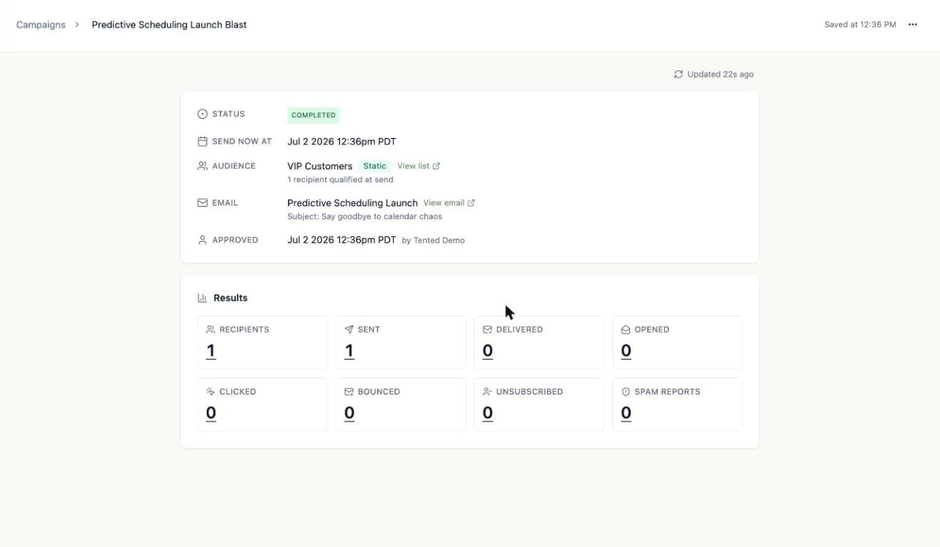 A screenshot of a completed blast showing its status, audience, email, and a results dashboard with sent and delivery metrics.