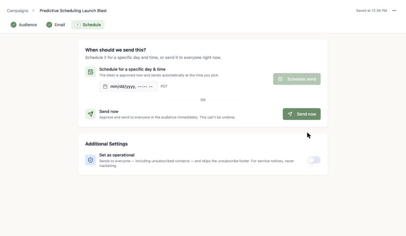 A screenshot of the schedule step with options to schedule for a specific day and time or send now, plus the Set as operational toggle.