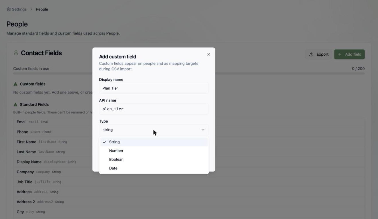 A screenshot of the Add custom field dialog with a display name of Plan Tier, an auto-generated API name, and the type dropdown showing String, Number, Boolean, and Date.