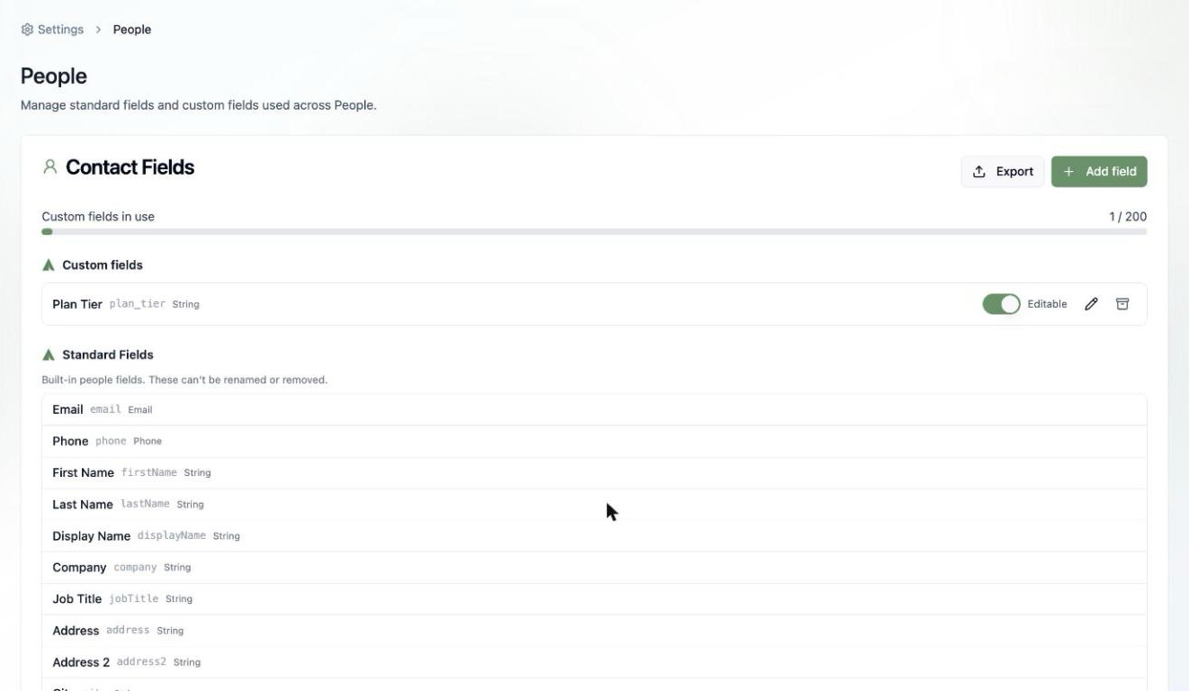 A screenshot of the custom fields list showing a Plan Tier field with its Editable toggle and edit and archive controls.