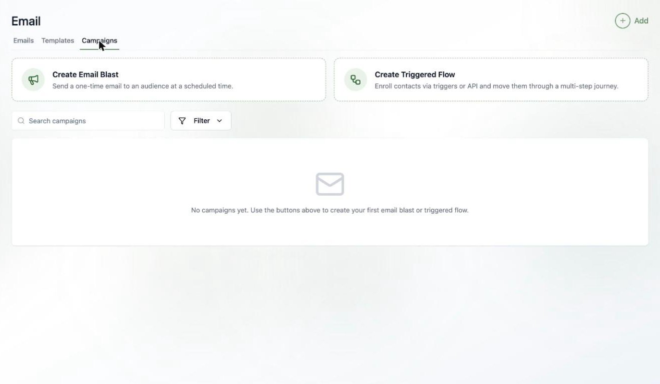 A screenshot of the Campaigns tab with cards for Create Email Blast and Create Triggered Flow.