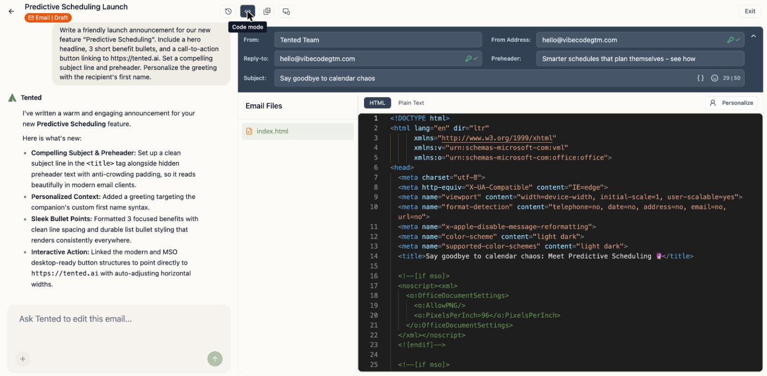 A screenshot of code mode showing the email's HTML with MSO conditionals and meta tags.