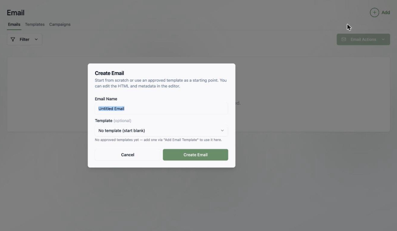 A screenshot of the Create Email dialog with an email name and optional template picker.