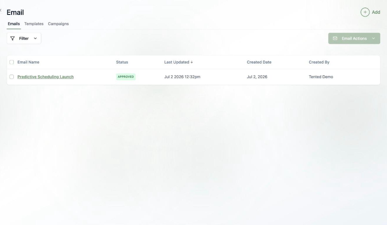 A screenshot of the Emails list showing an email with an APPROVED status badge.