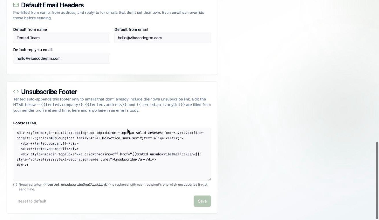 A screenshot of the Default Email Headers section and the Unsubscribe Footer editor with its HTML template.