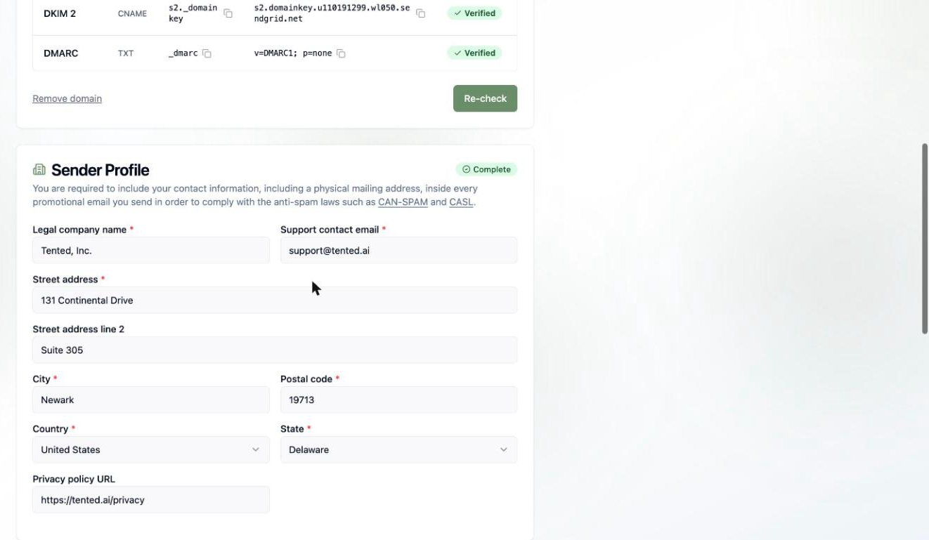 A screenshot of the Sender Profile form with legal company name, support email, and mailing address fields, marked Complete.