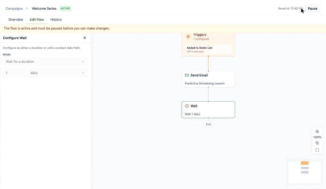 A screenshot of an active flow with the ACTIVE badge and a banner noting the flow must be paused before making changes.
