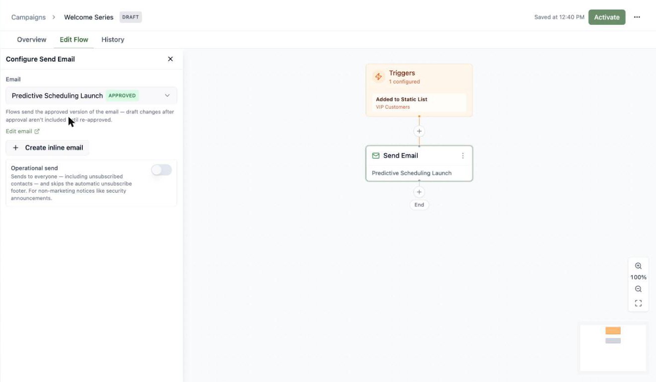 A screenshot of the Configure Send Email panel with an approved email selected and the flow canvas showing Trigger, Send Email, and End nodes.