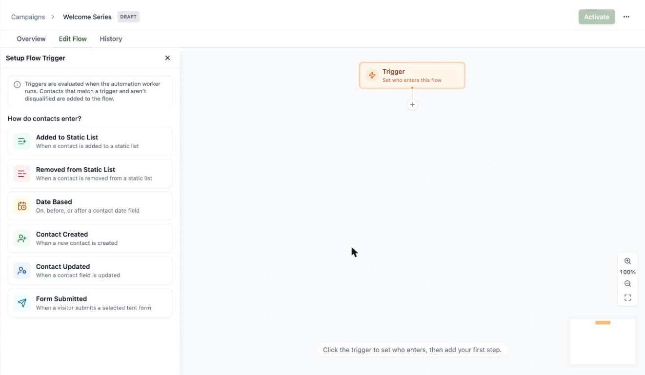 A screenshot of the flow builder showing the Setup Flow Trigger panel with six trigger types and the trigger node on the canvas.