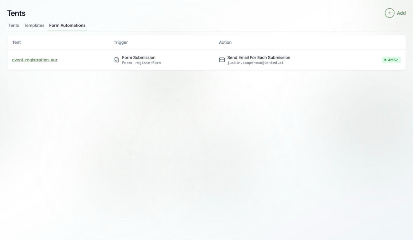 A screenshot of the Form Automations tab listing an automation with its tent, trigger, action, and Active status.