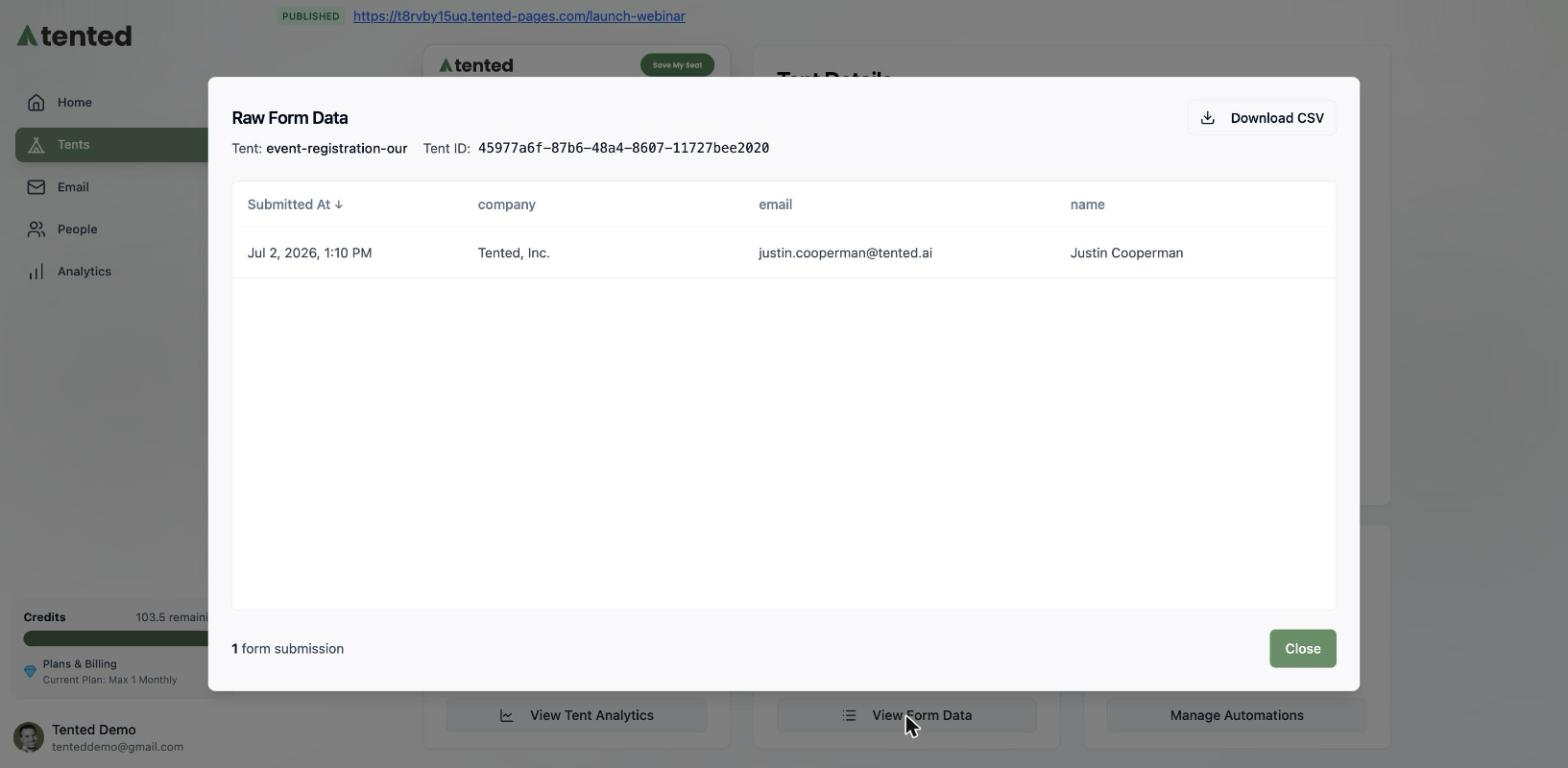 A screenshot of the Raw Form Data window showing a submission with its timestamp, company, email, and name, plus a Download CSV button.