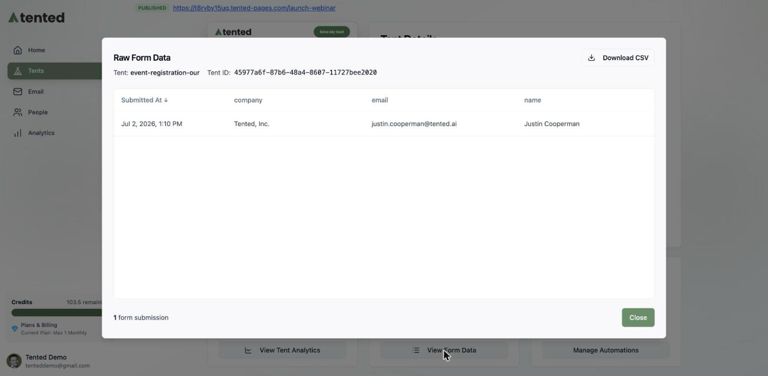 A screenshot of the Raw Form Data window showing a submission with its timestamp, company, email, and name, plus a Download CSV button.