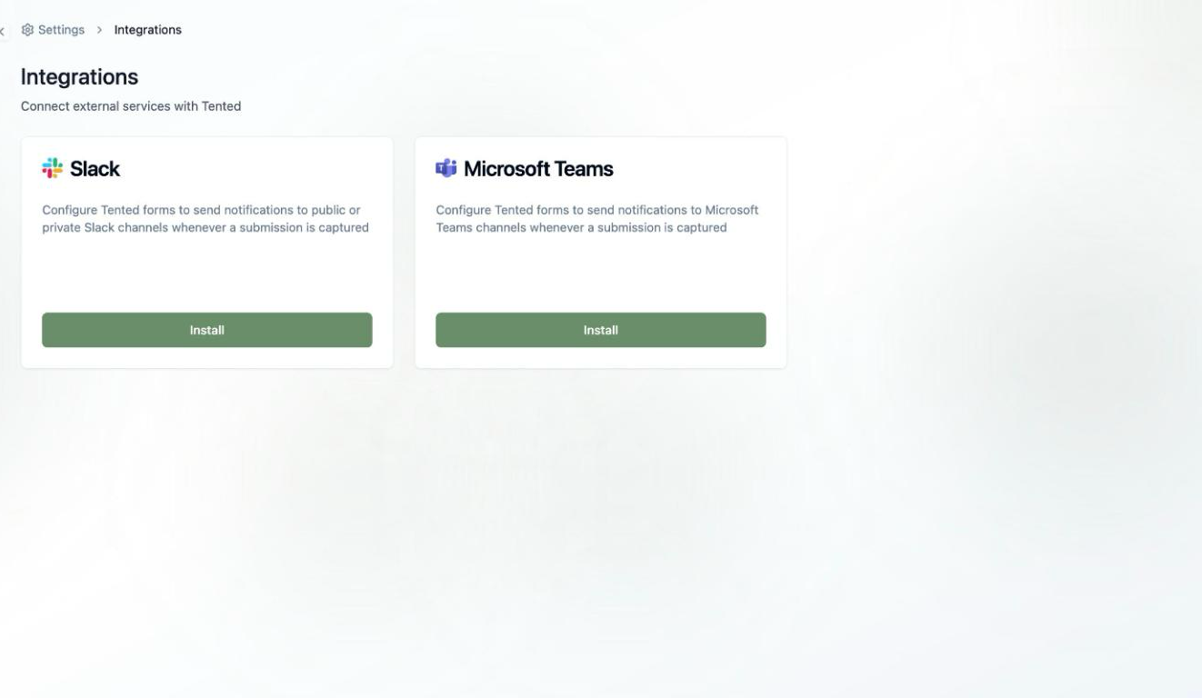 A screenshot of the Integrations page with Slack and Microsoft Teams tiles, each with an Install button.