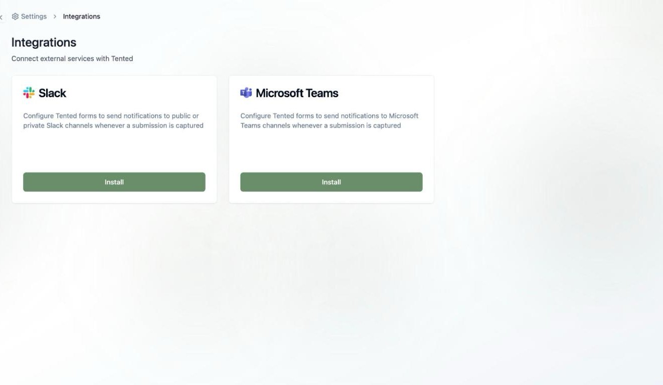 A screenshot of the Integrations page with Slack and Microsoft Teams tiles, each with an Install button.