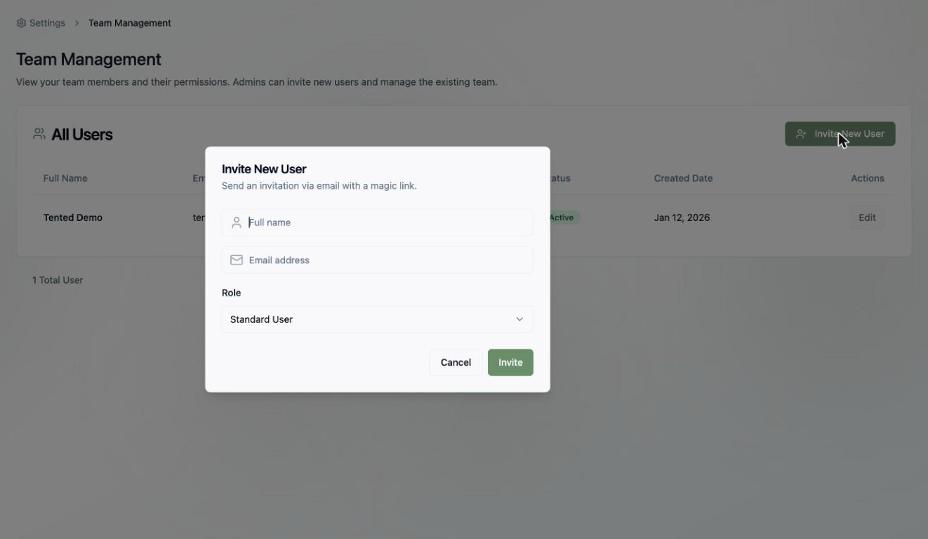 A screenshot of the Invite New User dialog with full name, email address, and role fields.