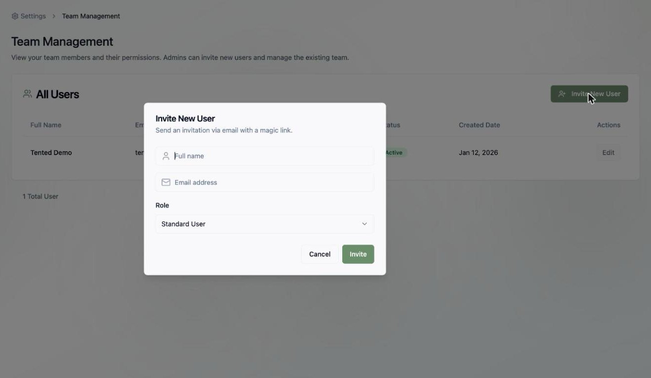 A screenshot of the Invite New User dialog with full name, email address, and role fields.