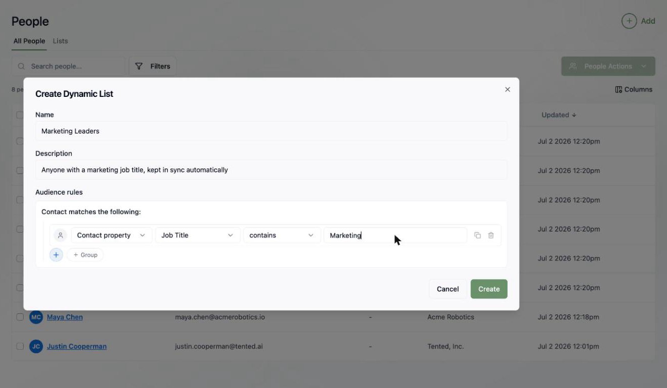 A screenshot of the Create Dynamic List dialog with a rule matching contacts whose Job Title contains Marketing.