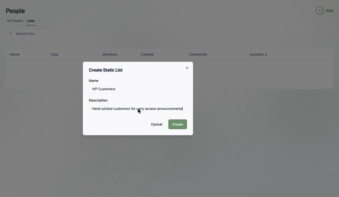 A screenshot of the Create Static List dialog with a name and description filled in.