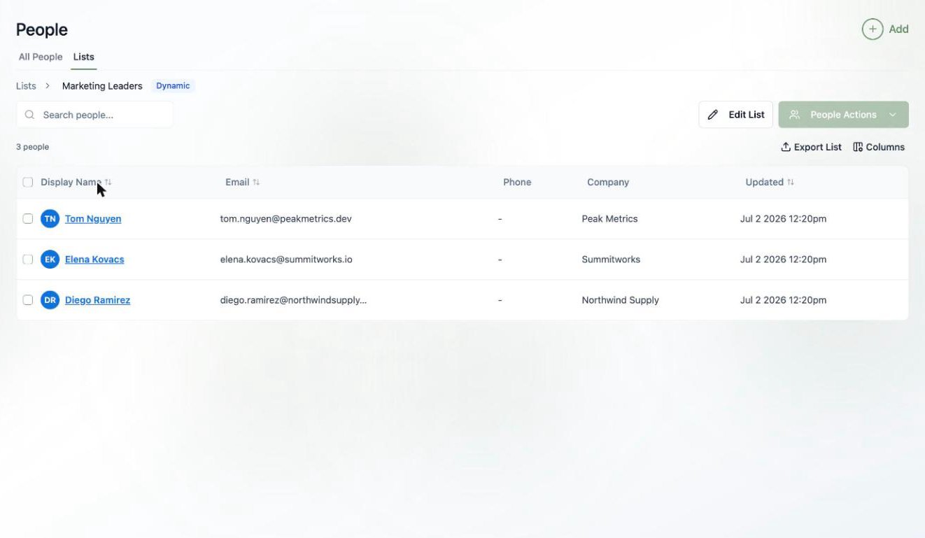 A screenshot of a dynamic list's members, showing three contacts with marketing job titles that matched the rule automatically.