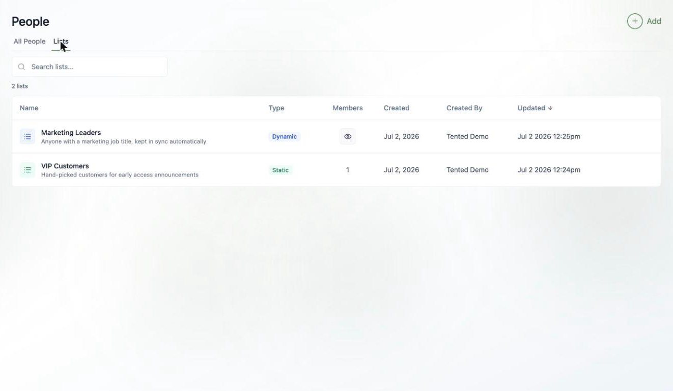 A screenshot of the Lists tab showing a Dynamic list called Marketing Leaders and a Static list called VIP Customers.