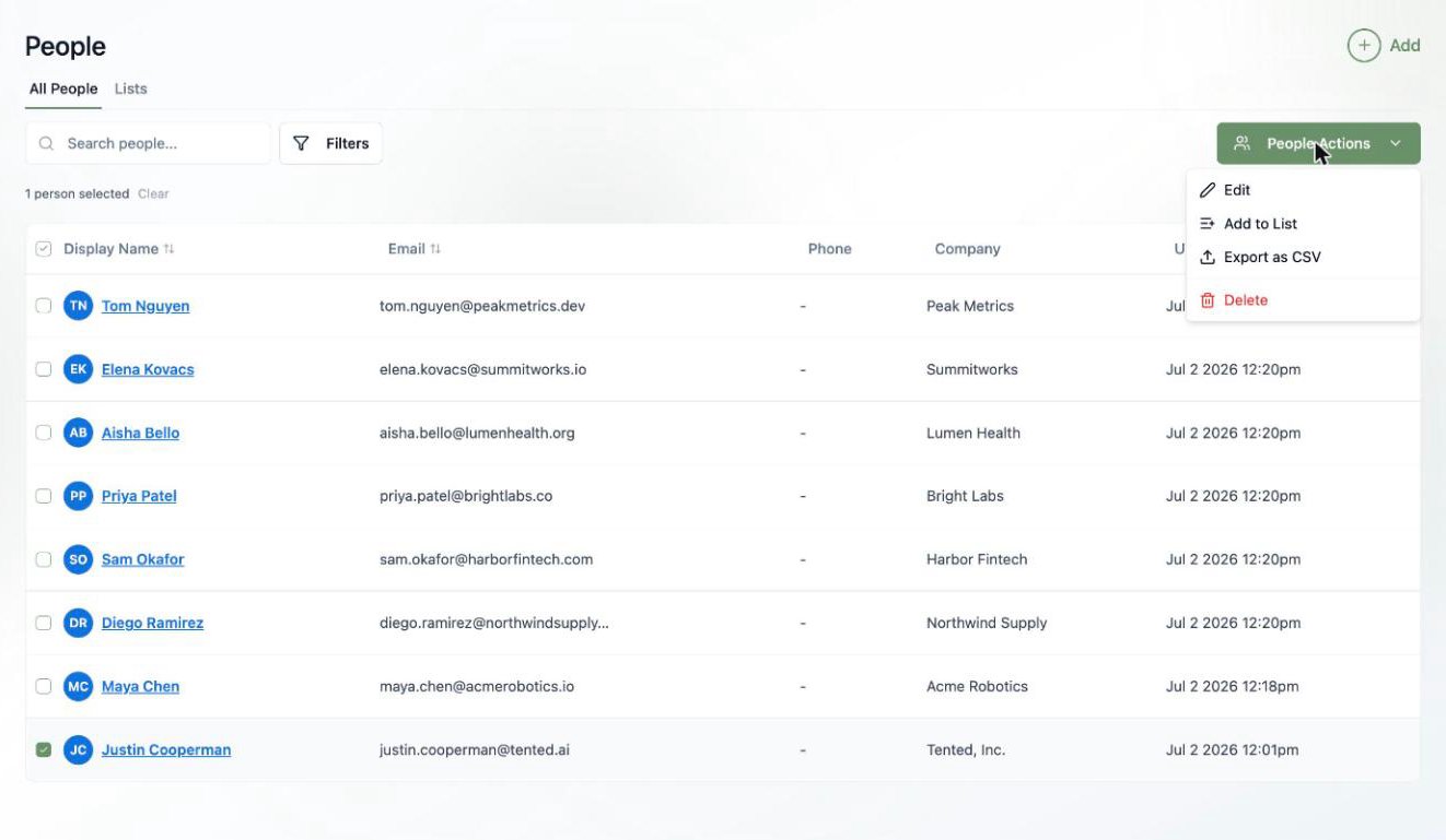 A screenshot of the People Actions menu with Edit, Add to List, Export as CSV, and Delete options.