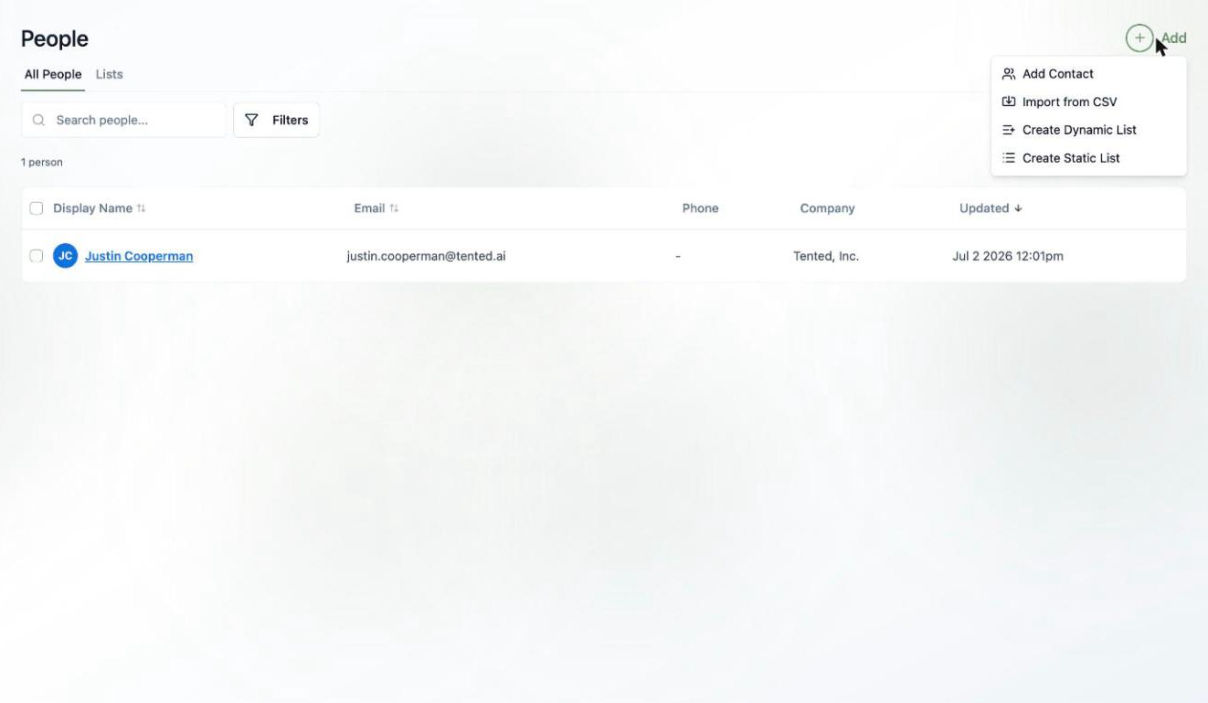 A screenshot of the Add menu with options to Add Contact, Import from CSV, Create Dynamic List, and Create Static List.