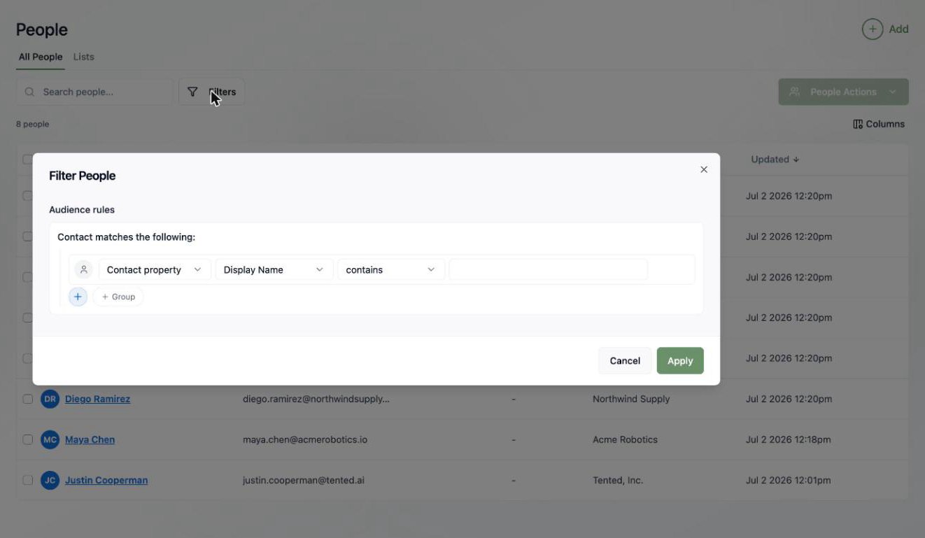 A screenshot of the Filter People dialog showing the audience rule builder.