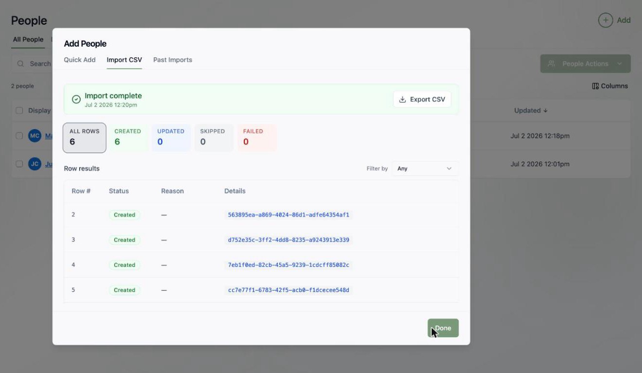 A screenshot of a completed import showing 6 rows created and a row results table with statuses.