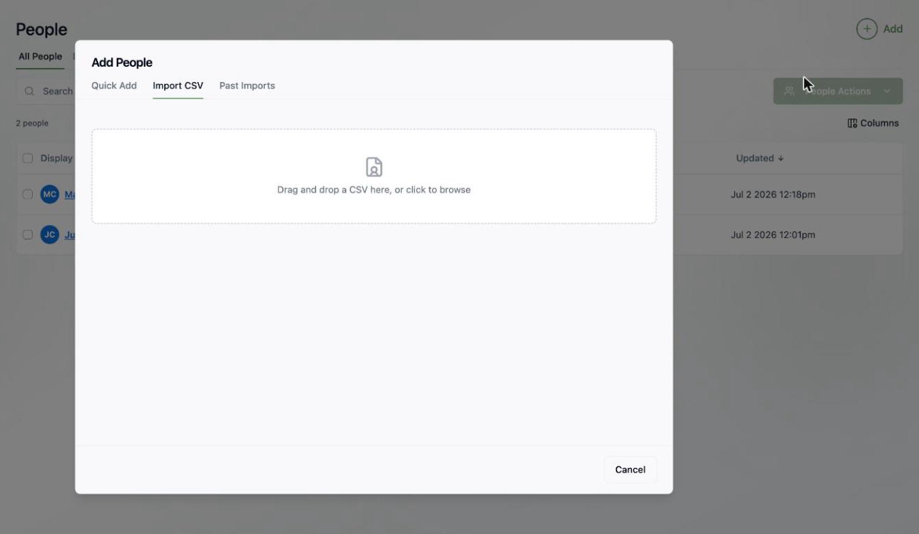 A screenshot of the Import CSV tab with a drag-and-drop area for the CSV file.