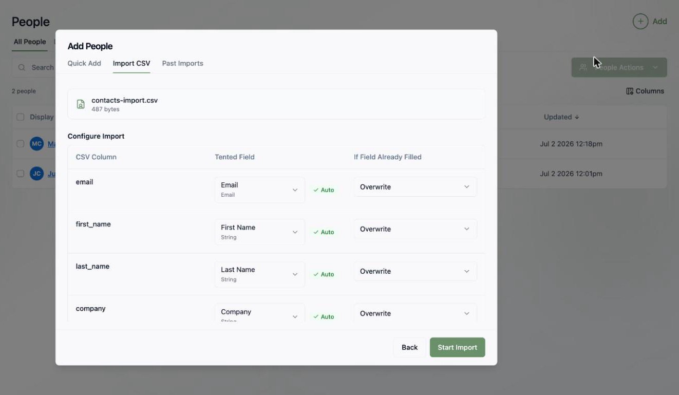 A screenshot of the Configure Import screen showing CSV columns auto-mapped to Tented fields with overwrite options.