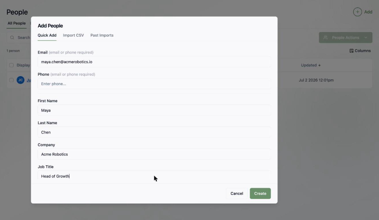A screenshot of the Quick Add form filled in with a contact named Maya Chen from Acme Robotics.