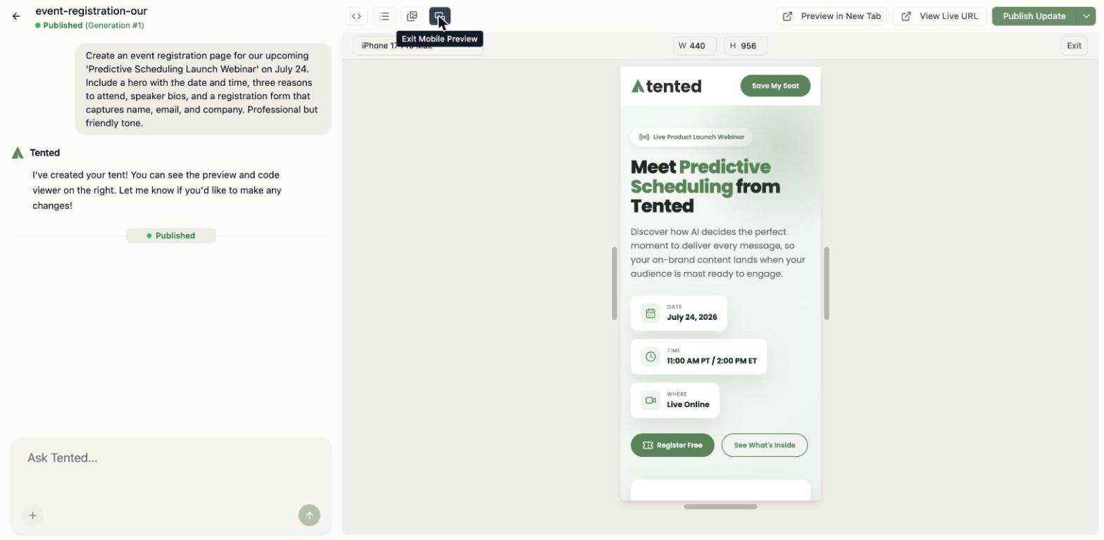 A screenshot of a mobile preview for a landing page about a feature called "Predictive Scheduling". The mobile preview icon and device switcher are highlighted.