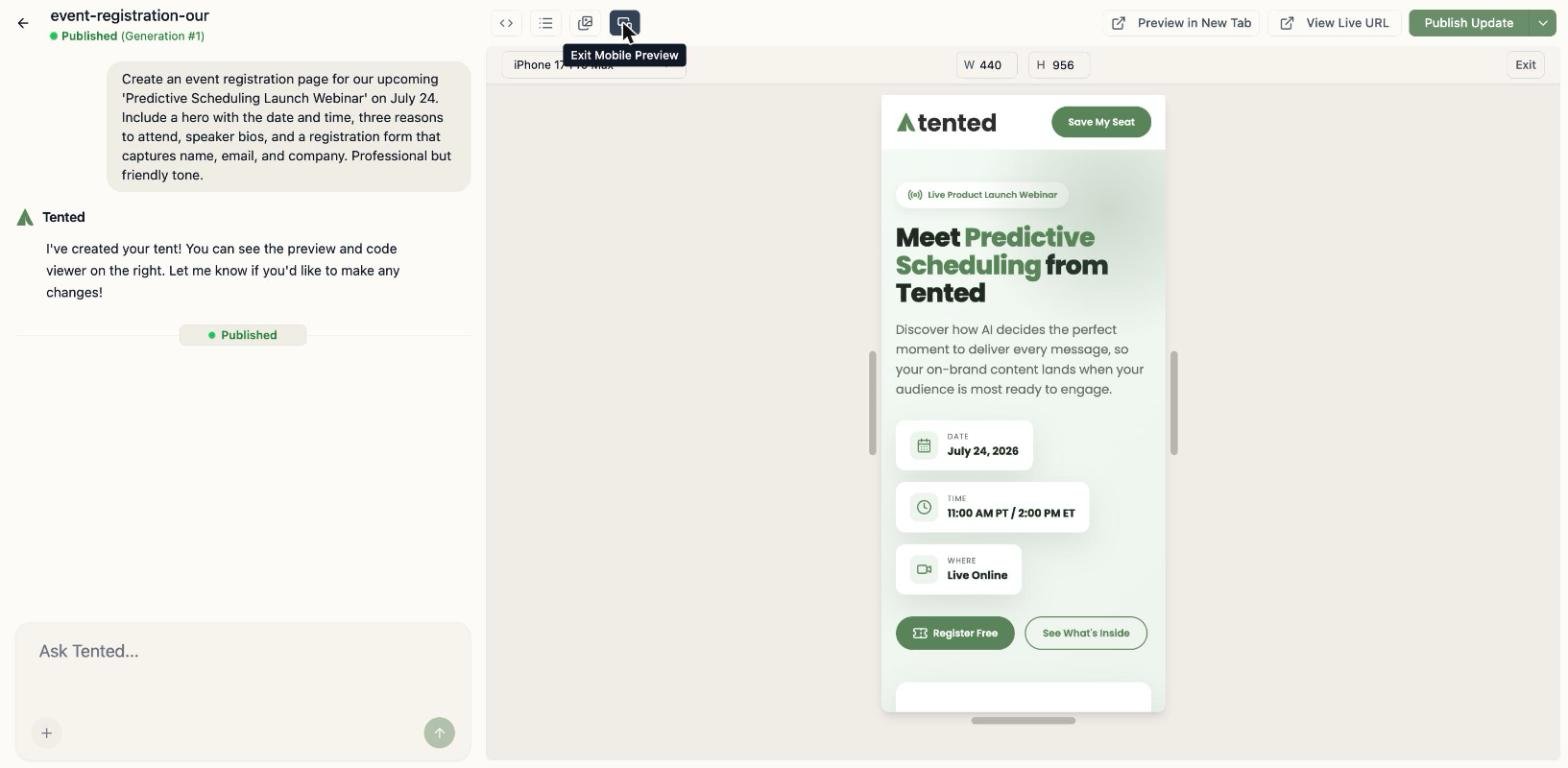 A screenshot of a mobile preview for a landing page about a feature called "Predictive Scheduling". The mobile preview icon and device switcher are highlighted.