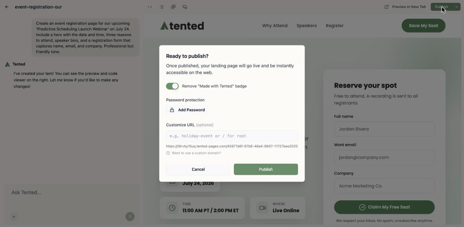 A screenshot of the Ready to publish dialog with the Made with Tented badge toggle, password protection, and a custom URL field.