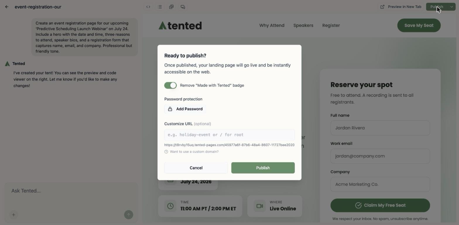 A screenshot of the Ready to publish dialog with the Made with Tented badge toggle, password protection, and a custom URL field.