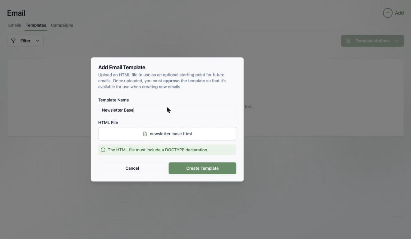 A screenshot of the Add Email Template dialog with a template name and an HTML file selected.