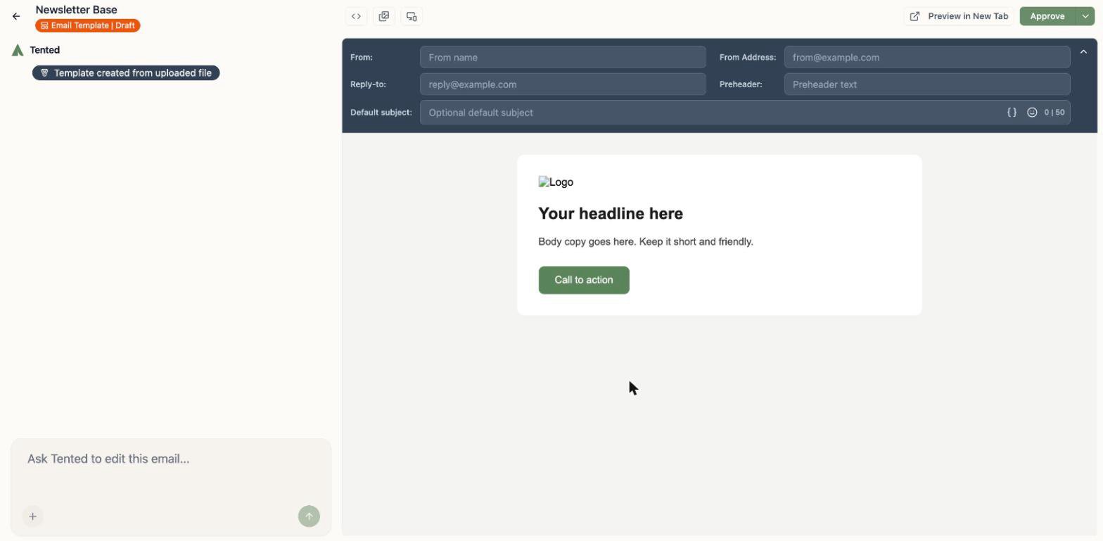 A screenshot of the template editor showing the uploaded HTML rendered in the preview with template-level default header fields.