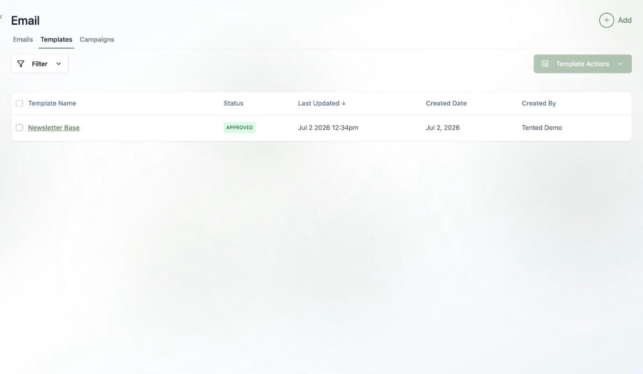 A screenshot of the Templates list showing a template with an APPROVED status badge.