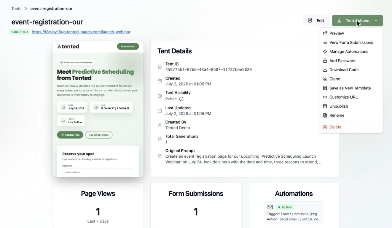 A screenshot of the Tent Actions menu with Preview, View Form Submissions, Manage Automations, Add Password, Download Code, Clone, Save as New Template, Customize URL, Unpublish, Rename, and Delete options.