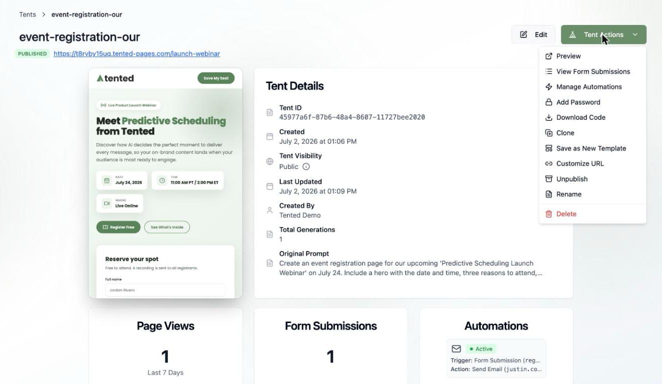 A screenshot of the Tent Actions menu with Preview, View Form Submissions, Manage Automations, Add Password, Download Code, Clone, Save as New Template, Customize URL, Unpublish, Rename, and Delete options.