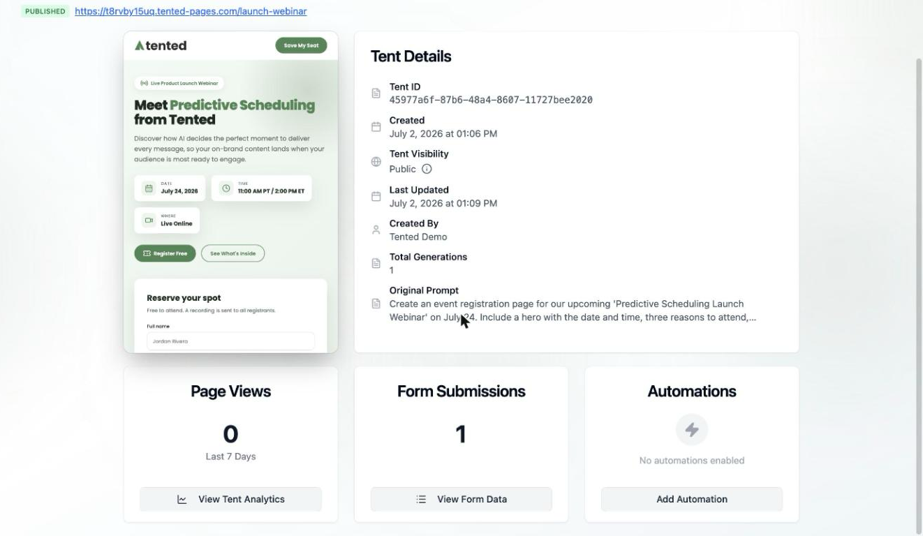 A screenshot of the Page Views, Form Submissions, and Automations cards with their View Tent Analytics, View Form Data, and Add Automation buttons.