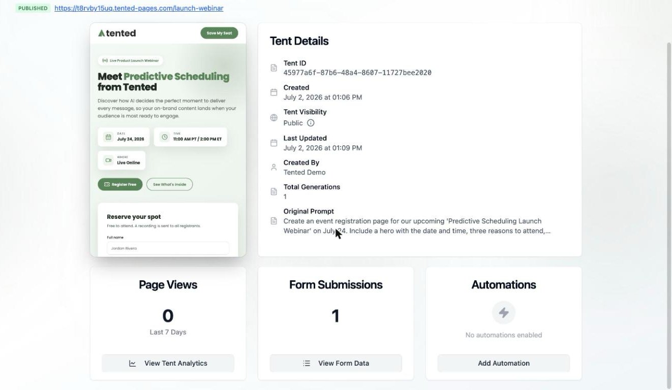 A screenshot of the Page Views, Form Submissions, and Automations cards with their View Tent Analytics, View Form Data, and Add Automation buttons.