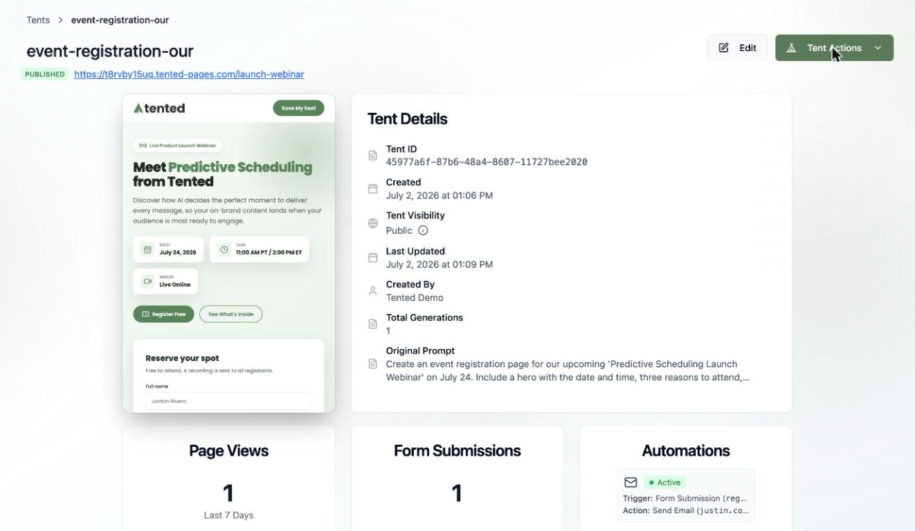 A screenshot of the Tent Details page showing the tent preview, details panel, published status, and live URL.