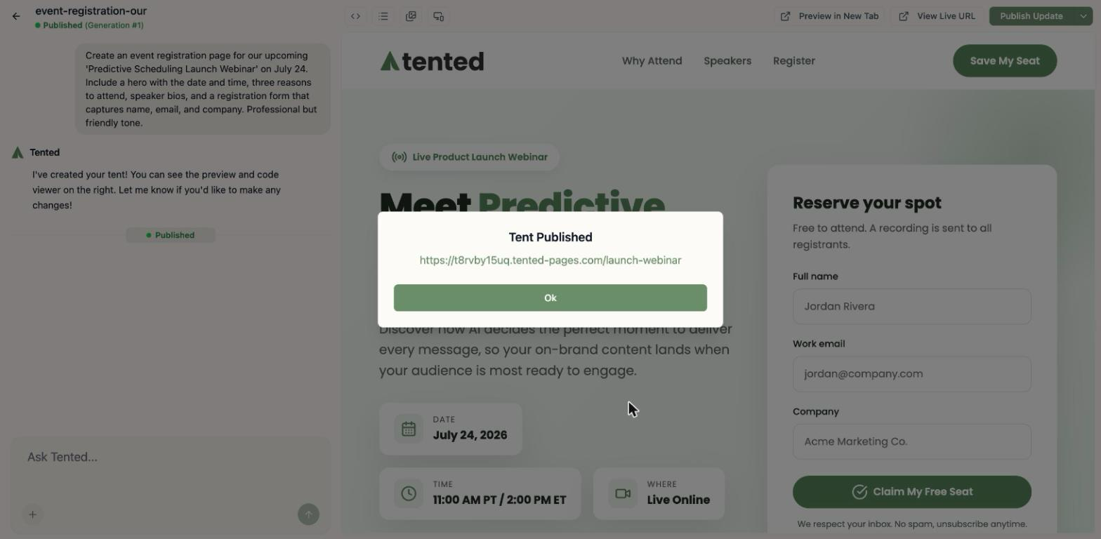 A screenshot of the confirmation that a tent was published, showing the live URL.