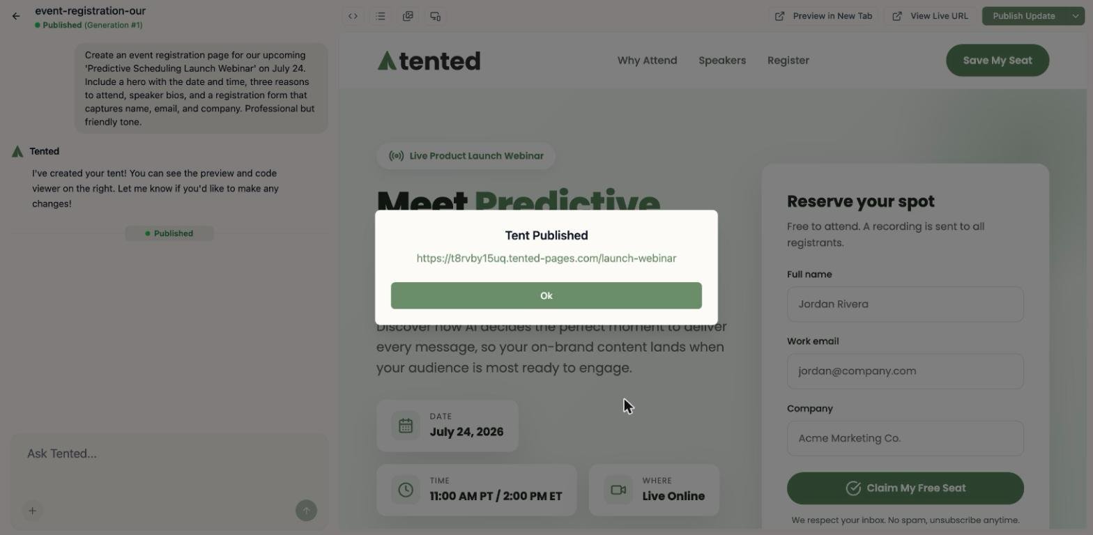 A screenshot of the confirmation that a tent was published, showing the live URL.