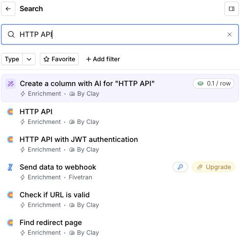Clay's enrichment search showing the HTTP API enrichment.