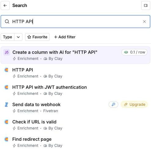 Clay's enrichment search showing the HTTP API enrichment.