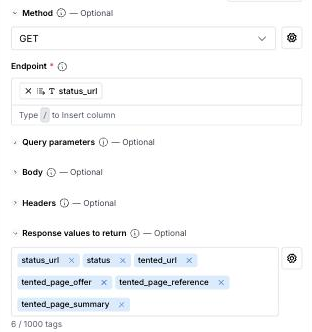 The Result column: method GET and the endpoint set to Tented Start's status_url.